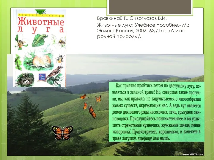 БровкинаЕ.Т., Сивоглазов В.И. Животные луга: Учебное пособие.- М.: Эгмонт Россия, 2002.-63,/1/с.-/Атлас родной природы/.