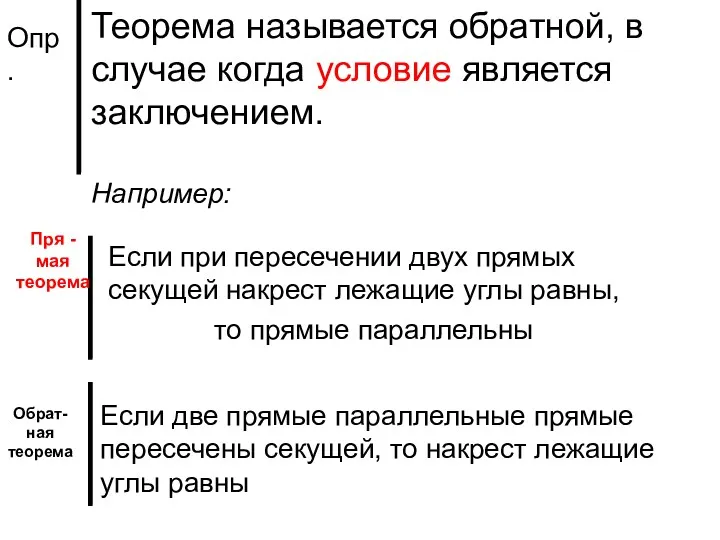 Опр. Теорема называется обратной, в случае когда условие является заключением.