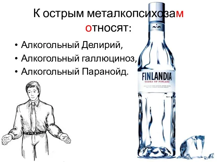 К острым металкопсихозам относят: Алкогольный Делирий, Алкогольный галлюциноз, Алкогольный Паранойд.