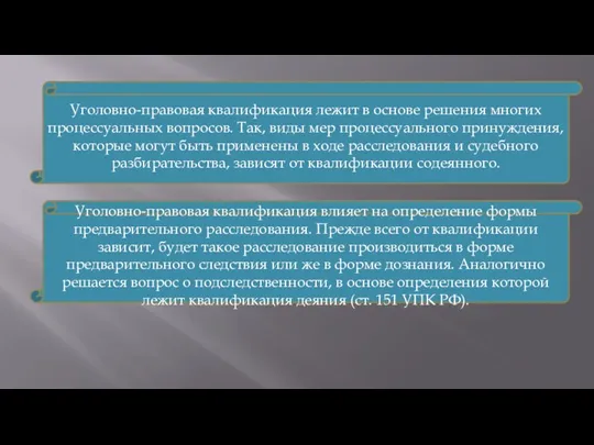 Уголовно-правовая квалификация лежит в основе решения многих процессуальных вопросов. Так,