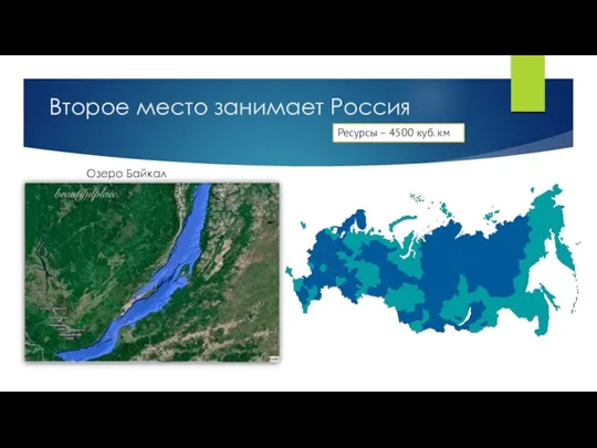 Второе место занимает Россия Ресурсы – 4500 куб. км Озеро Байкал
