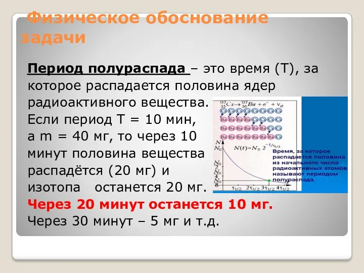 Физическое обоснование задачи Период полураспада – это время (Т), за