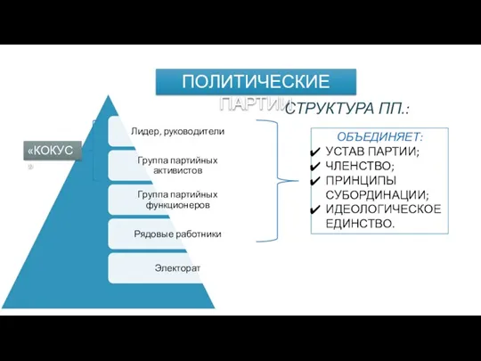 СТРУКТУРА ПП.: ПОЛИТИЧЕСКИЕ ПАРТИИ ОБЪЕДИНЯЕТ: УСТАВ ПАРТИИ; ЧЛЕНСТВО; ПРИНЦИПЫ СУБОРДИНАЦИИ; ИДЕОЛОГИЧЕСКОЕ ЕДИНСТВО. «КОКУС»