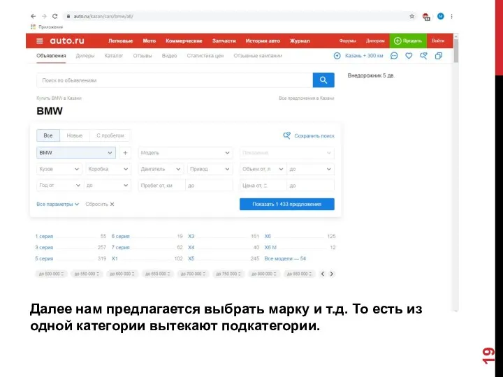 Далее нам предлагается выбрать марку и т.д. То есть из одной категории вытекают подкатегории.