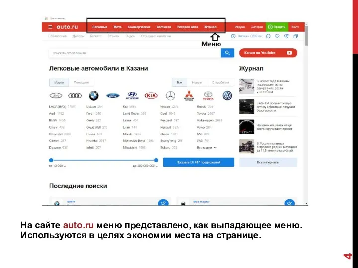 На сайте auto.ru меню представлено, как выпадающее меню. Используются в целях экономии места на странице.