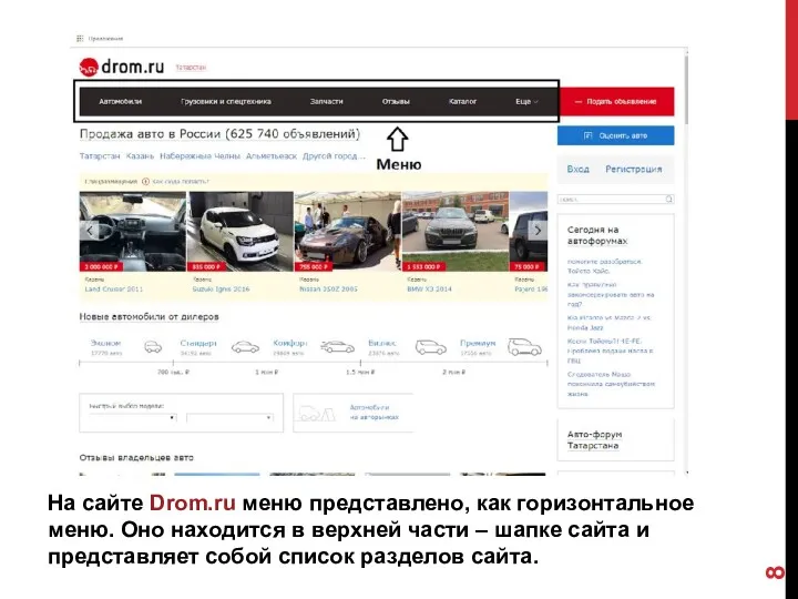 На сайте Drom.ru меню представлено, как горизонтальное меню. Оно находится