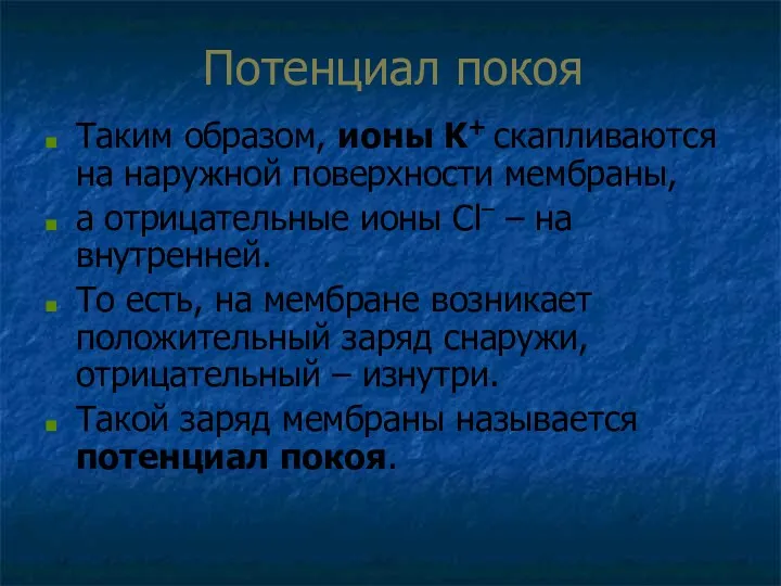 Потенциал покоя Таким образом, ионы K+ скапливаются на наружной поверхности