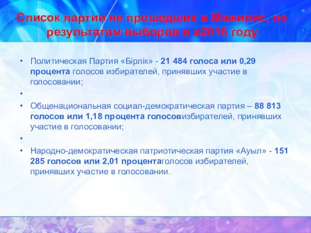 Список партии не прошедших в Мажилис, по результатам выборов в