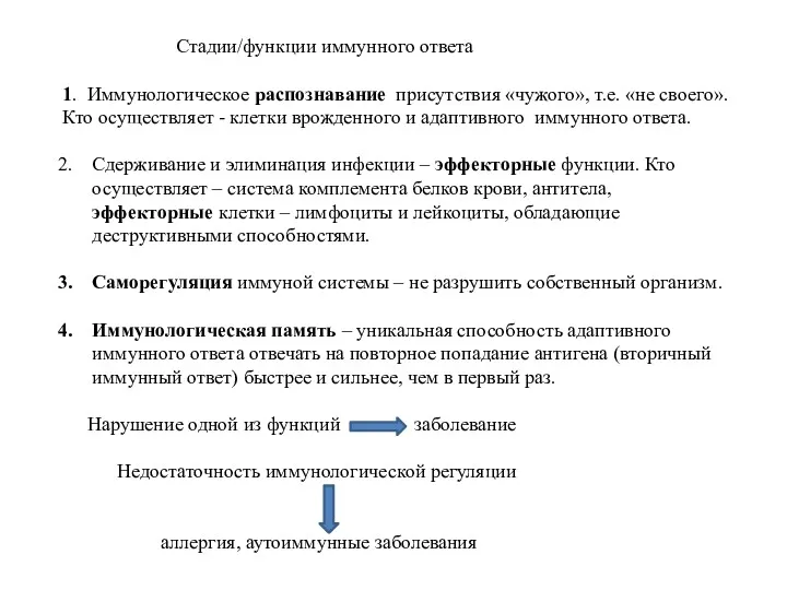 Стадии/функции иммунного ответа 1. Иммунологическое распознавание присутствия «чужого», т.е. «не своего». Кто осуществляет