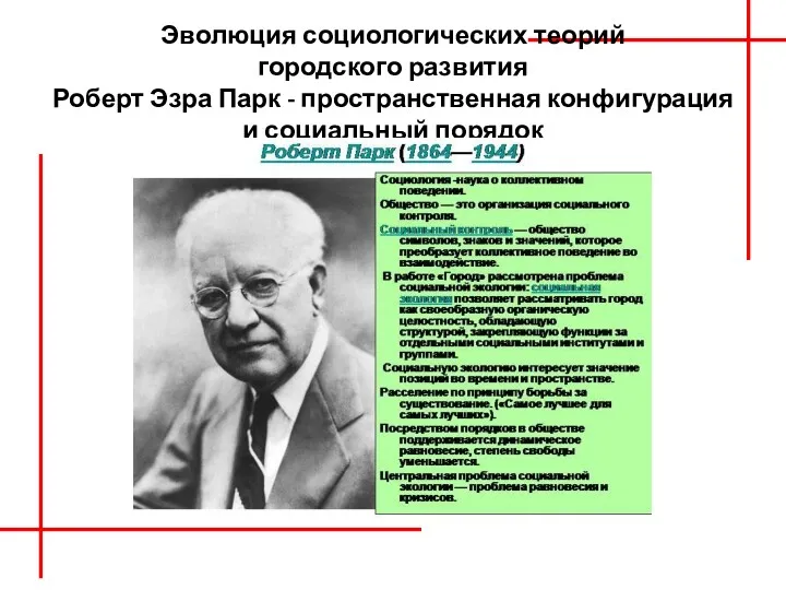 Эволюция социологических теорий городского развития Роберт Эзра Парк - пространственная конфигурация и социальный порядок