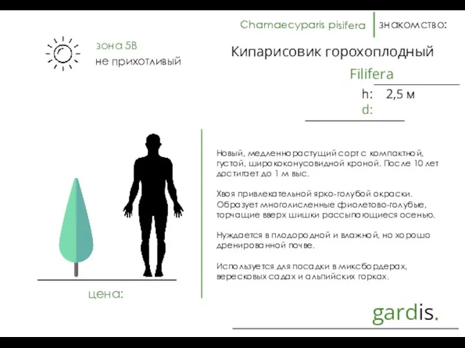 gardis. знакомство: Новый, медленнорастущий сорт с компактной, густой, ширококонусовидной кроной.