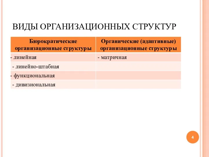 ВИДЫ ОРГАНИЗАЦИОННЫХ СТРУКТУР