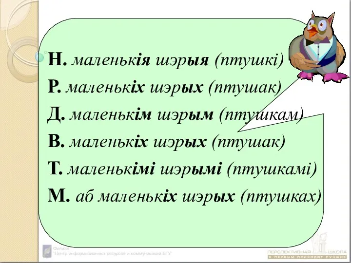 Н. маленькія шэрыя (птушкі) Р. маленькіх шэрых (птушак) Д. маленькім