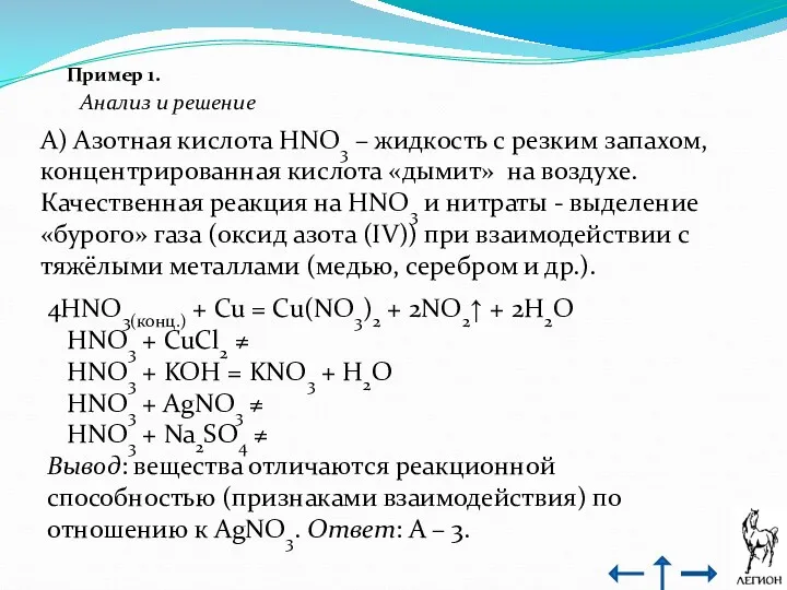 Пример 1. Анализ и решение А) Азотная кислота HNO3 – жидкость с резким