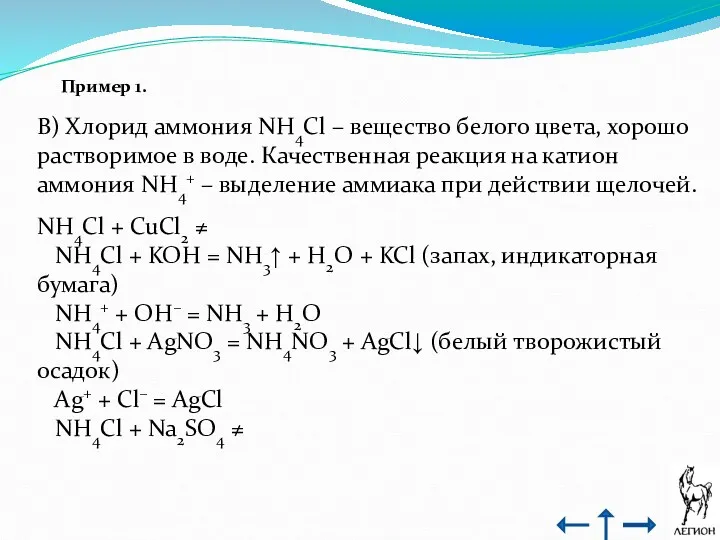 Пример 1. В) Хлорид аммония NH4Cl – вещество белого цвета, хорошо растворимое в