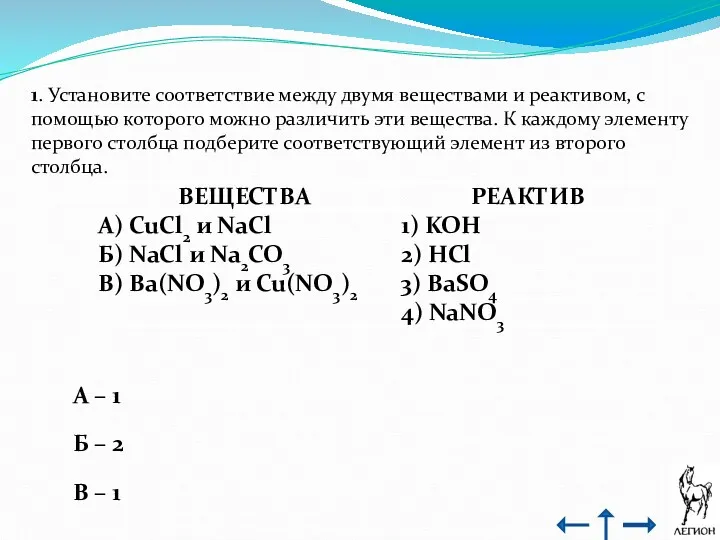 1. Установите соответствие между двумя веществами и реактивом, с помощью которого можно различить