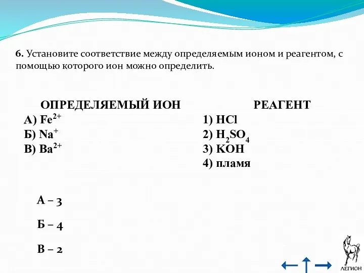 6. Установите соответствие между определяемым ионом и реагентом, с помощью