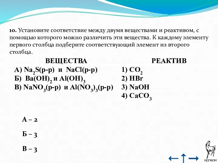 10. Установите соответствие между двумя веществами и реактивом, с помощью которого можно различить