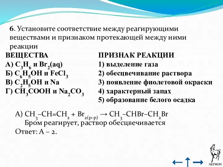 6. Установите соответствие между реагирующими веществами и признаком протекающей между ними реакции А)