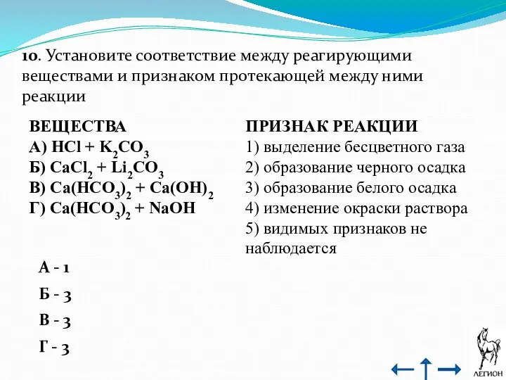 10. Установите соответствие между реагирующими веществами и признаком протекающей между