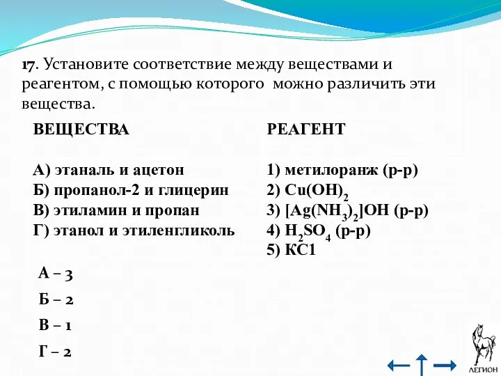 17. Установите соответствие между веществами и реагентом, с помощью которого можно различить эти