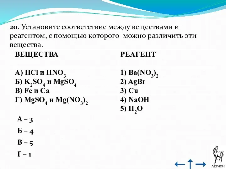 20. Установите соответствие между веществами и реагентом, с помощью которого