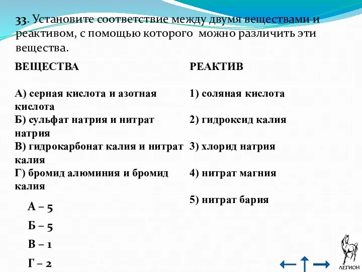 33. Установите соответствие между двумя веществами и реактивом, с помощью