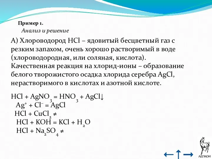 Пример 1. Анализ и решение А) Хлороводород HCl – ядовитый бесцветный газ с