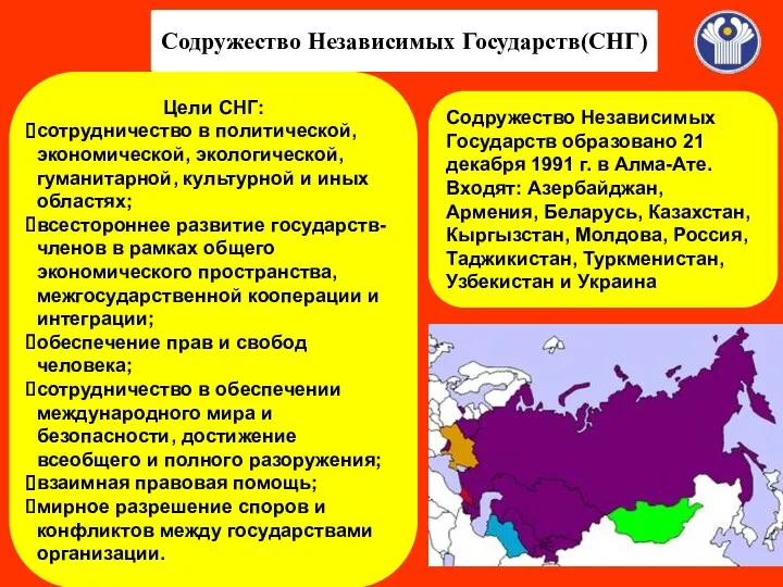 Содружество Независимых Государств(СНГ) Цели СНГ: сотрудничество в политической, экономической, экологической,