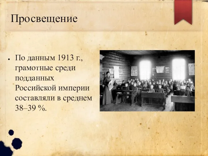 Просвещение По данным 1913 г., грамотные среди подданных Российской империи составляли в среднем 38–39 %.