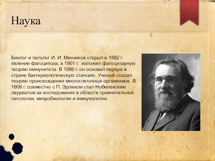 Наука Биолог и патолог И. И. Мечников открыл в 1882 г. явление фагоцитоза,