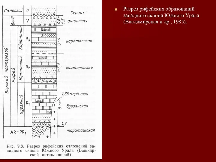 Разрез рифейских образований западного склона Южного Урала (Владимирская и др., 1985).