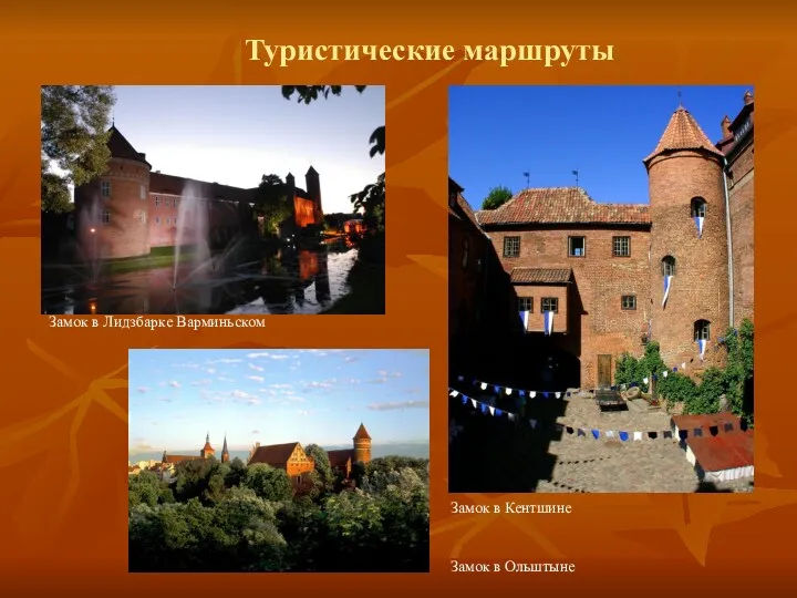 Туристические маршруты Замок в Лидзбарке Варминьском Замок в Кентшине Замок в Ольштыне