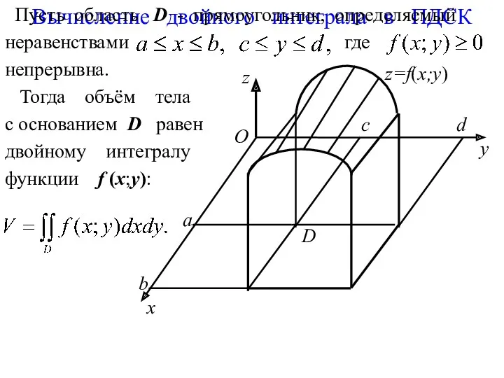 Вычисление двойного интеграла в ПДСК y z x О z=f(x;y)