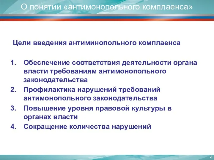 О понятии «антимонопольного комплаенса» Цели введения антиминопольного комплаенса Обеспечение соответствия