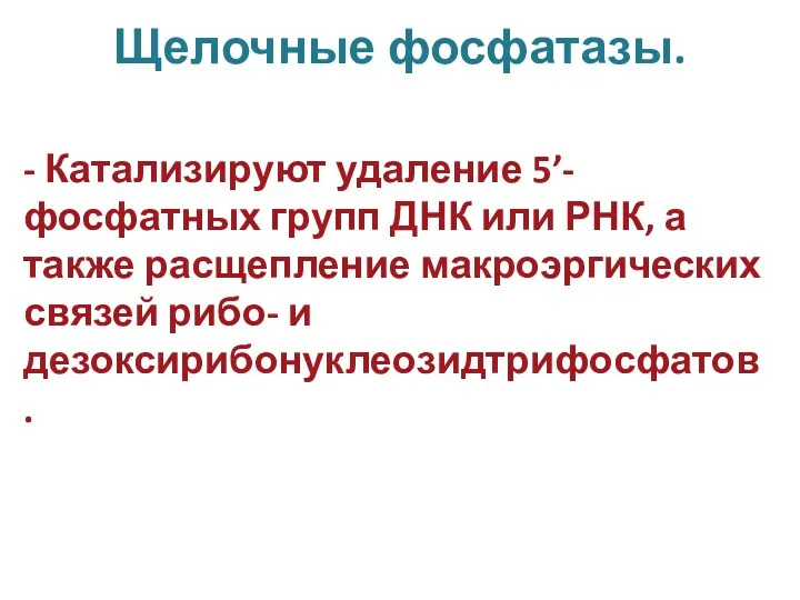 Щелочные фосфатазы. - Катализируют удаление 5’-фосфатных групп ДНК или РНК,