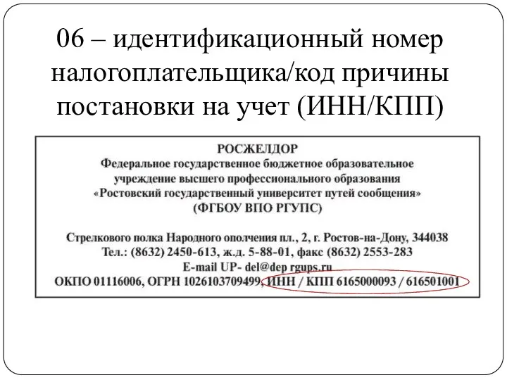 06 – идентификационный номер налогоплательщика/код причины постановки на учет (ИНН/КПП)