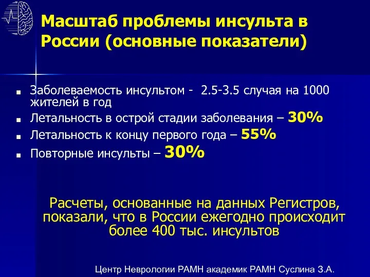 Масштаб проблемы инсульта в России (основные показатели) Заболеваемость инсультом -