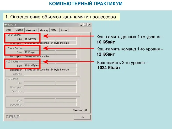 КОМПЬЮТЕРНЫЙ ПРАКТИКУМ 1. Определение объемов кэш-памяти процессора Кэш-память данных 1-го