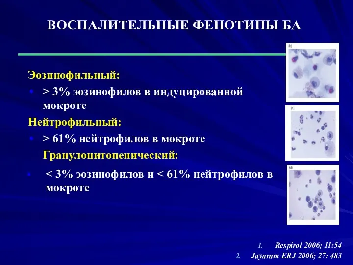 Эозинофильный: > 3% эозинофилов в индуцированной мокроте Нейтрофильный: > 61%