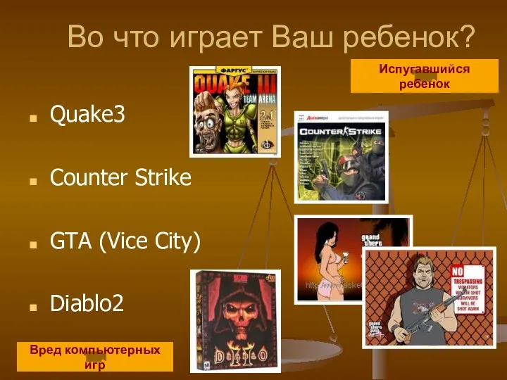 Во что играет Ваш ребенок? Quake3 Counter Strike GTA (Vice City) Diablo2 Вред