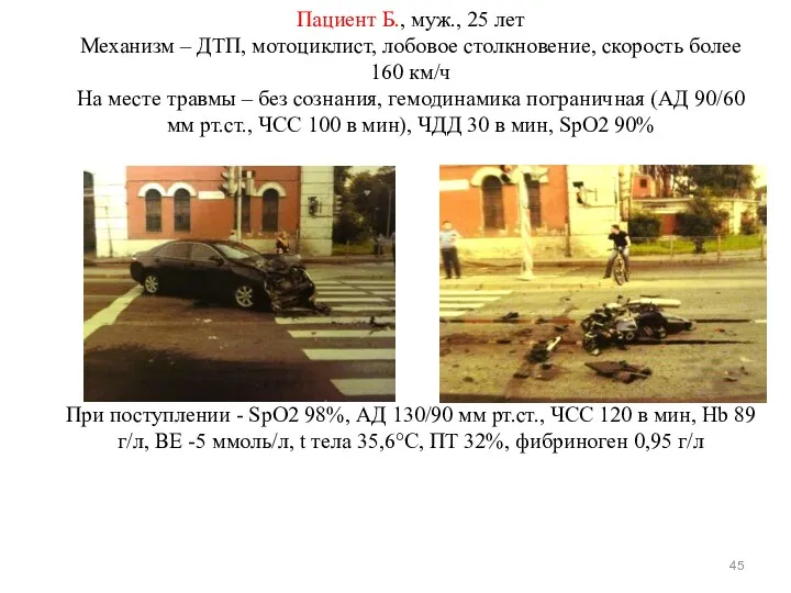 Пациент Б., муж., 25 лет Механизм – ДТП, мотоциклист, лобовое