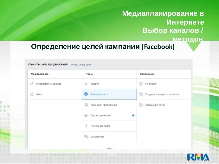 Медиапланирование в Интернете Определение целей кампании (Facebook) Выбор каналов / методов