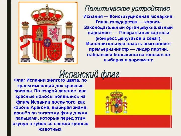 Испания — Конституционная монархия. Глава государства — король. Законодательный орган двухпалатный парламент —