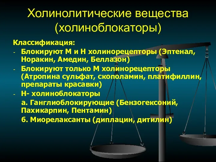 Холинолитические вещества (холиноблокаторы) Классификация: Блокируют М и Н холинорецепторы (Эптенал,