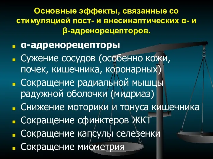 Основные эффекты, связанные со стимуляцией пост- и внесинаптических α- и