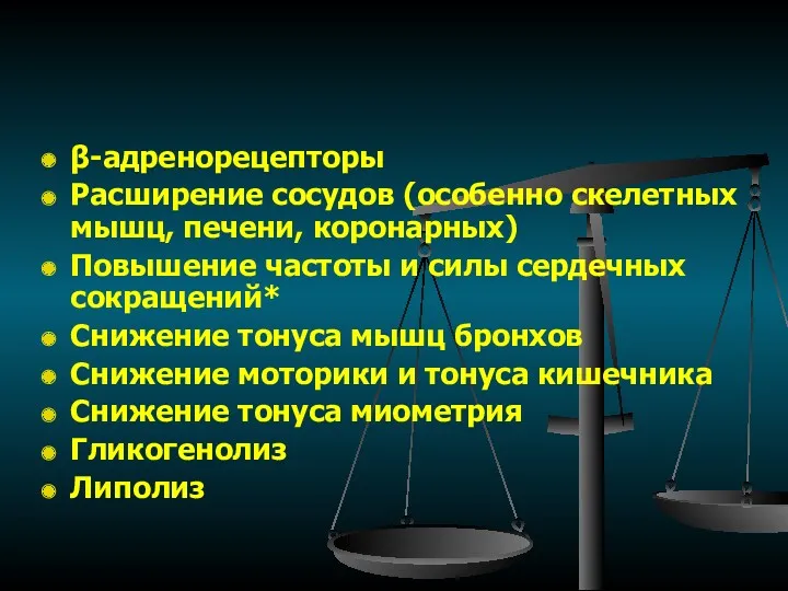 β-адренорецепторы Расширение сосудов (особенно скелетных мышц, печени, коронарных) Повышение частоты