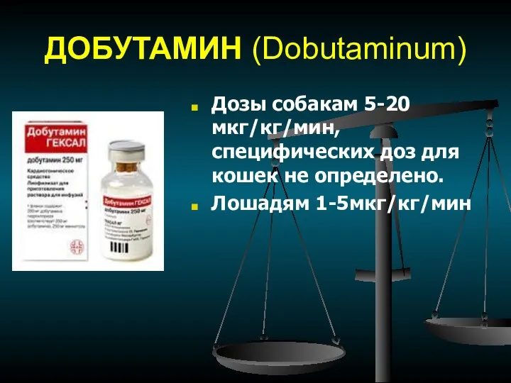 ДОБУТАМИН (Dobutaminum) Дозы собакам 5-20 мкг/кг/мин, специфических доз для кошек не определено. Лошадям 1-5мкг/кг/мин