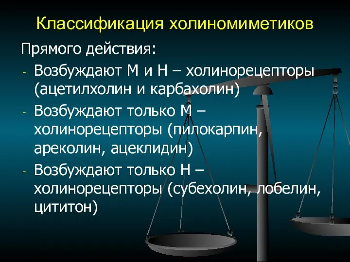 Классификация холиномиметиков Прямого действия: Возбуждают М и Н – холинорецепторы