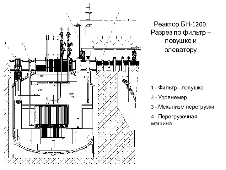 Реактор БН-1200. Разрез по фильтр – ловушке и элеватору 1 - Фильтр -